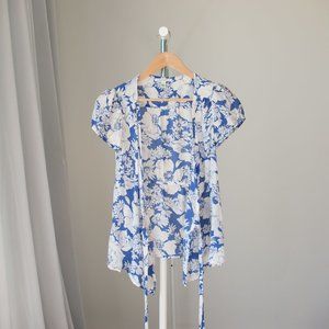 100% silk Banana Republic blue and white wrap top